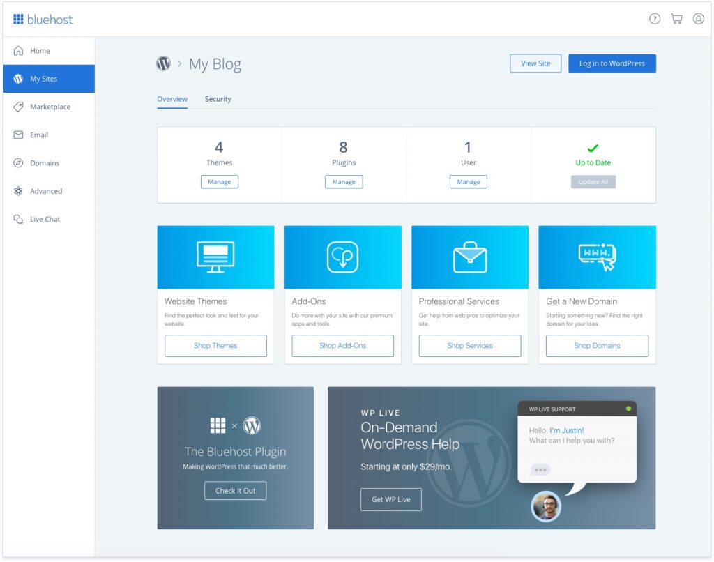 Bluehost WordPress hosting user interface