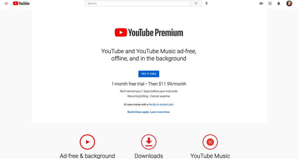 YouTube Premium comes with a 1-month free trial