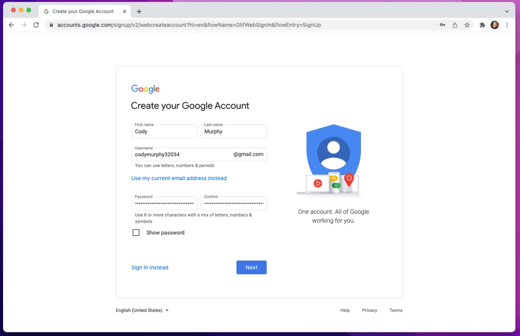 Register for a Gmail account