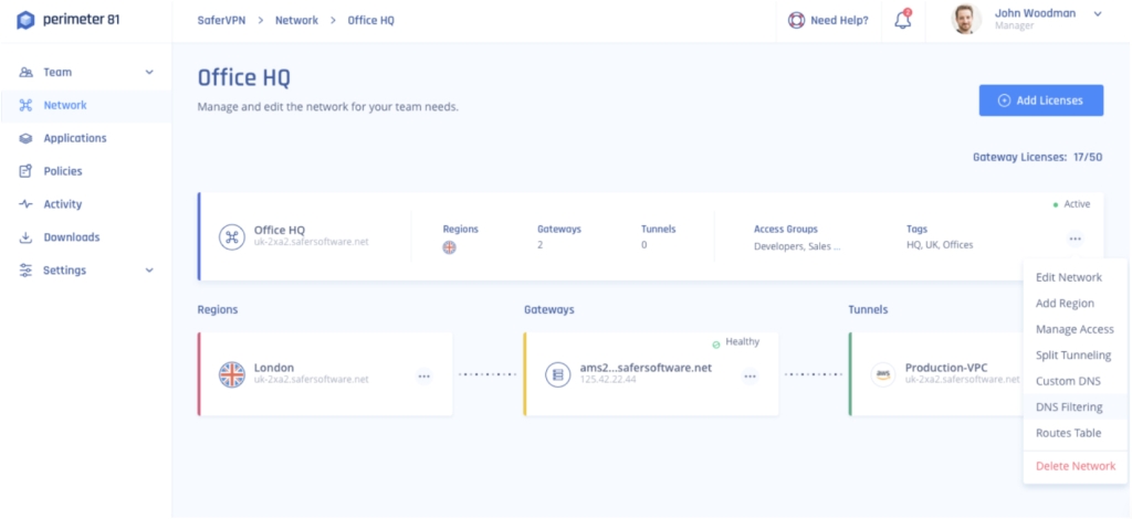 Perimeter 81 lets you configure DNS filtering via their user-interface.