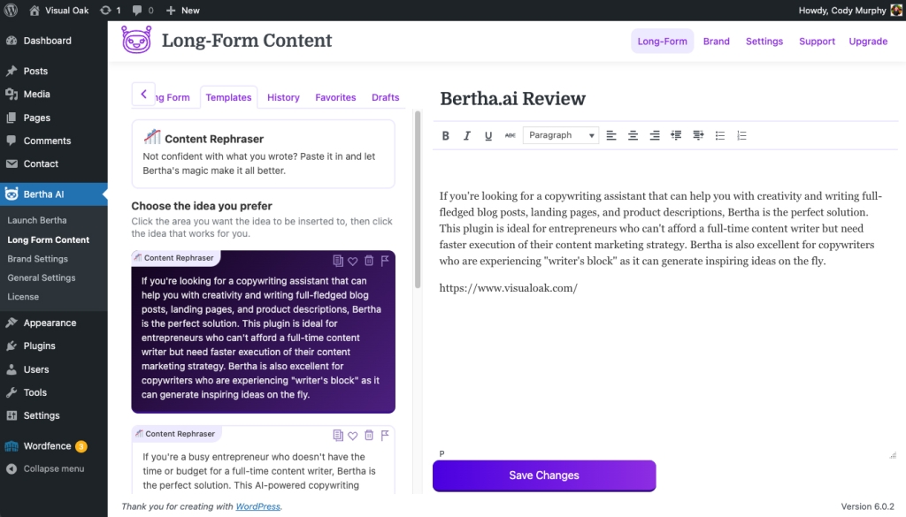 Bertha.ai is built into the WordPress admin dashboard.