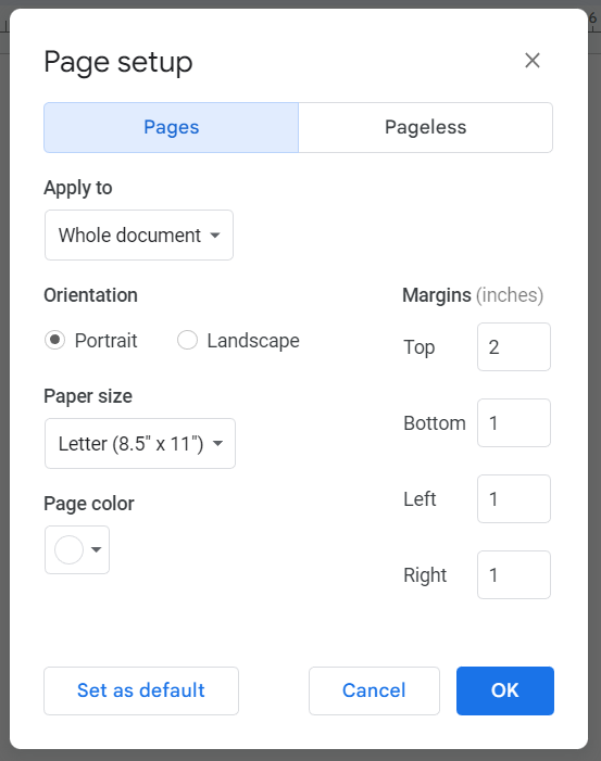 Page Setup Dialog in Google Docs to set Margins