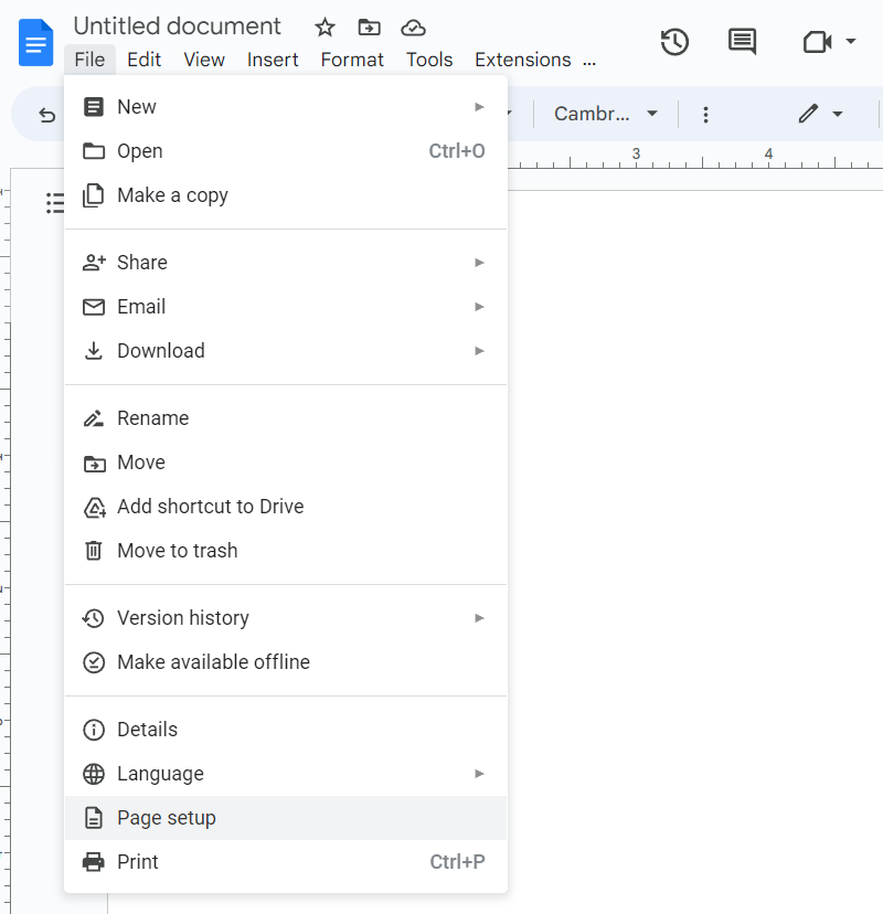 Select Page Setup in Google Docs menu