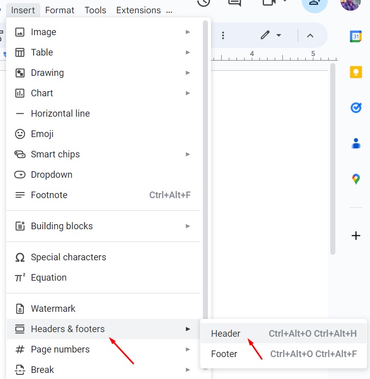 Google Docs menu option to edit the header