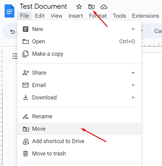 Google Docs menu option to move to folder