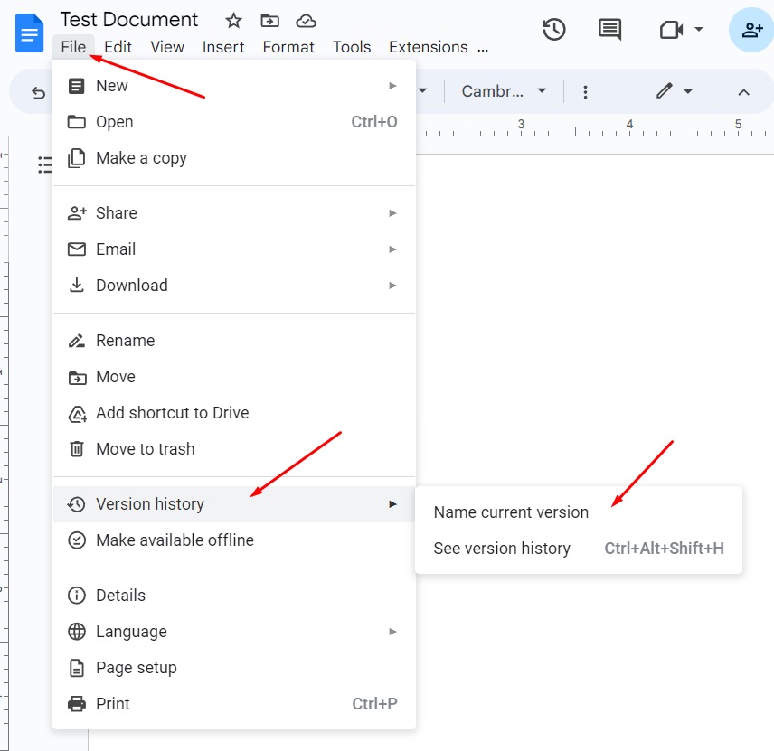 Google Docs menu showing version history option