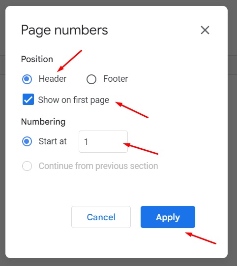 Add page numbers to the header or footer of your Google Doc document
