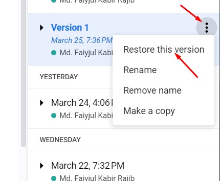 Menu to restore a specific Google Docs version
