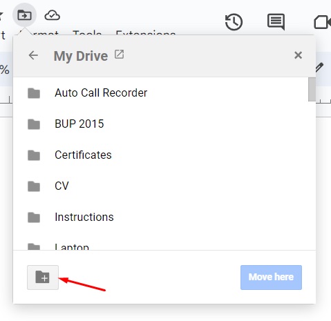 Create folder button in Google Docs