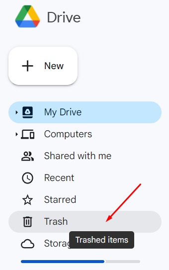 Google Drive sidebar showing Trash menu item