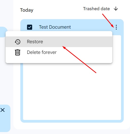 Options to restore or delete forever in Google Drive