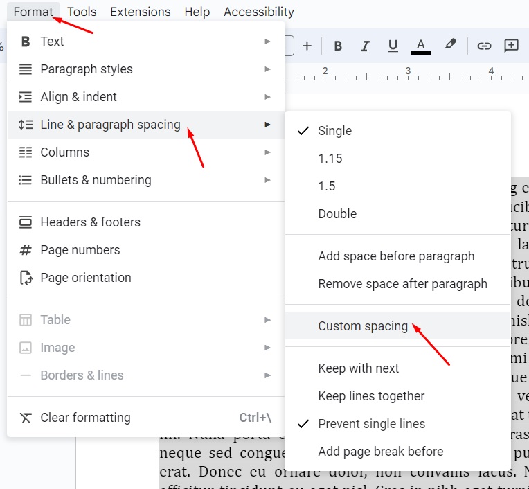 Google Docs line and paragraph spacing menu option