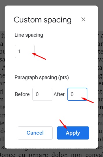 Google Docs custom spacing dialog box