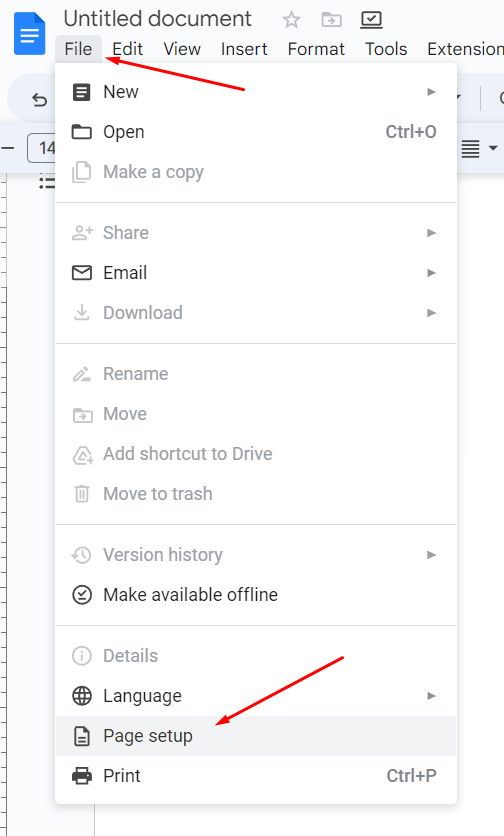 Google Docs page set up menu