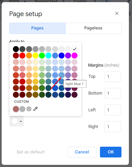 Select a page color option in the page setup dialog