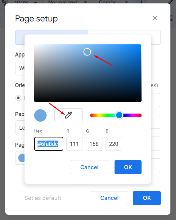 Google Docs page setup color picker