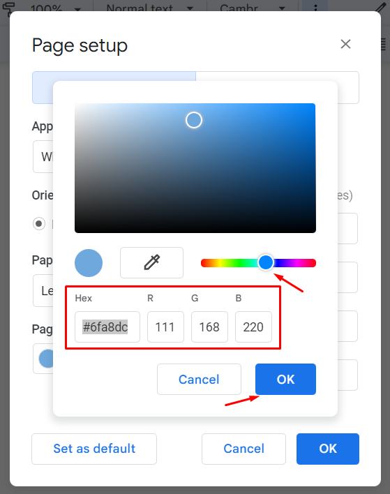 Use custom HEX or RGB code for page background