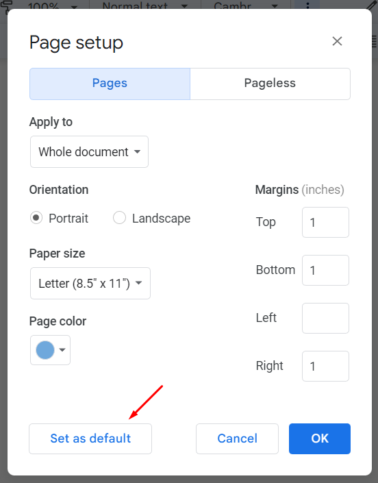 Set a default page color in Google Docs