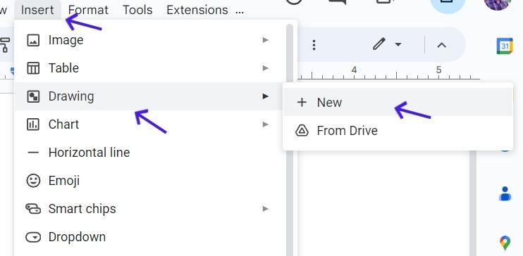 Select New Drawing from Menu in Google Docs