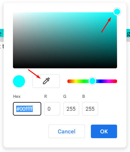 Color picker options to select a precise color in Google Docs