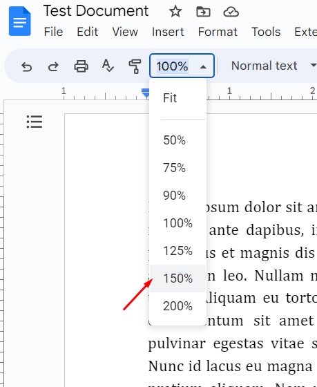 Select zoom in percentage in Google Docs