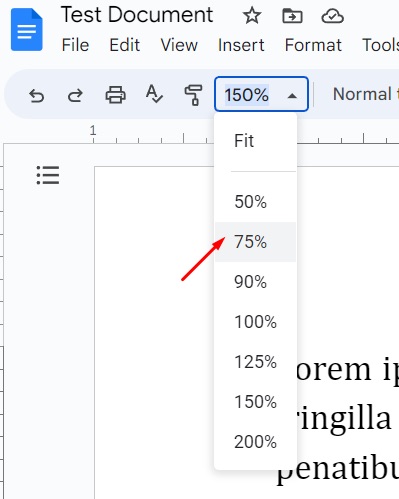 Select zoom out percentage in Google Docs