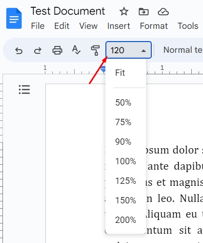 Google Docs custom zoom percentage