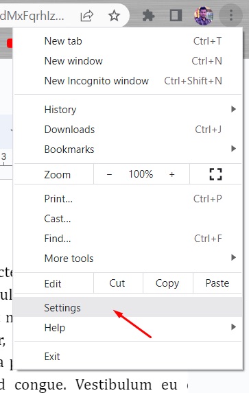 Google Chrome settings menu