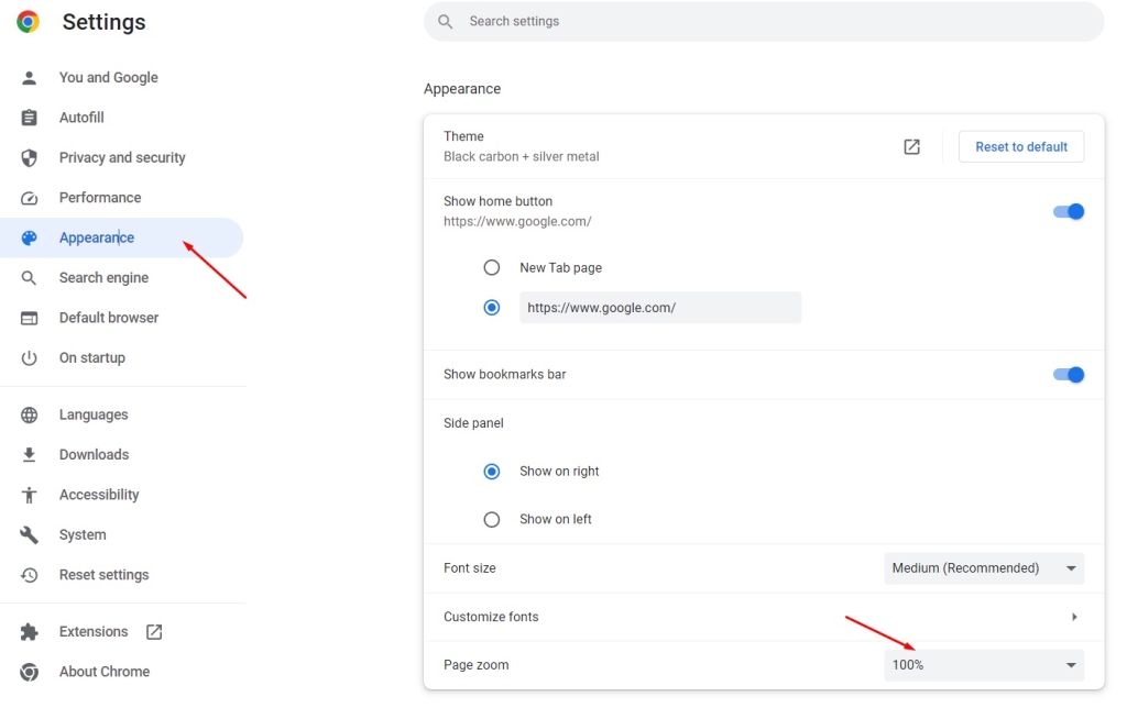 Google Chrome Page Zoom setting percentage