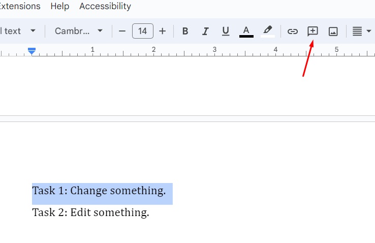 Highlighting text is the first step to assign a task in Google Docs