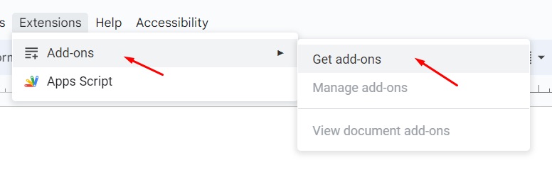 Add-on menu for Extensions in Google Docs