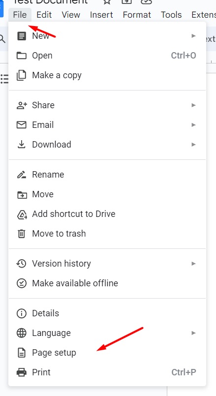 Page setup menu option in Google Docs