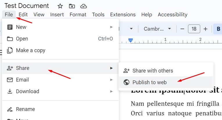 Publish to web menu option in Google Docs