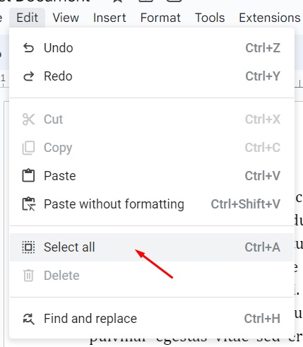 Menu option to Select all in Google Docs
