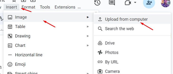 Upload image from computer in Google Docs
