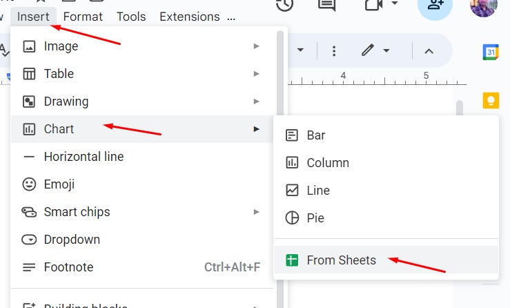 Insert chart from sheets in Google Docs menu