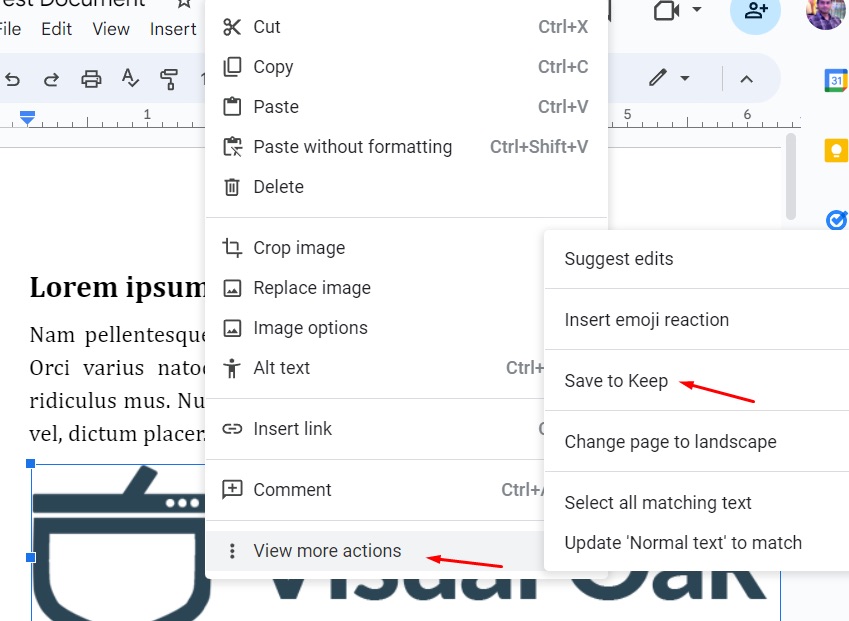 Save to Keep menu option in Google Docs