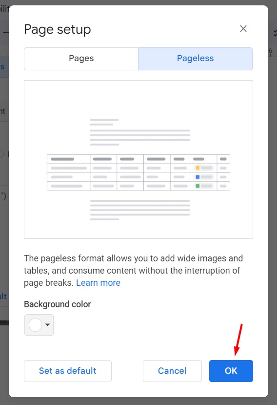 Pageless option in Google Docs page setup