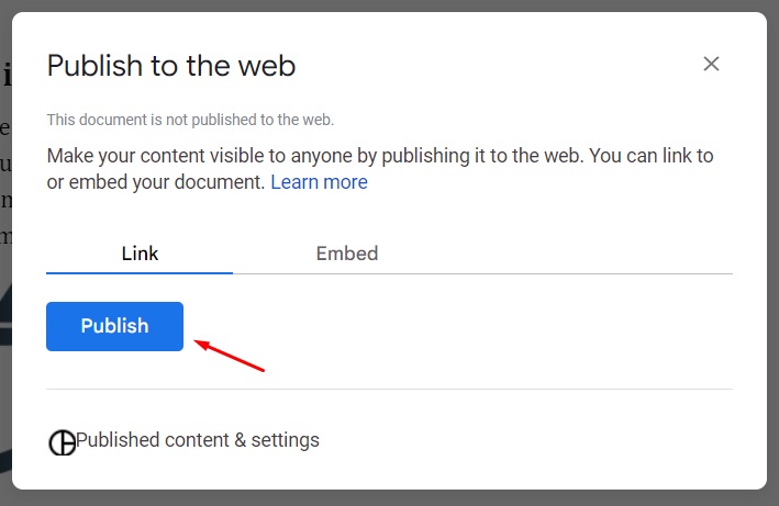 Button to publish Google Doc to web