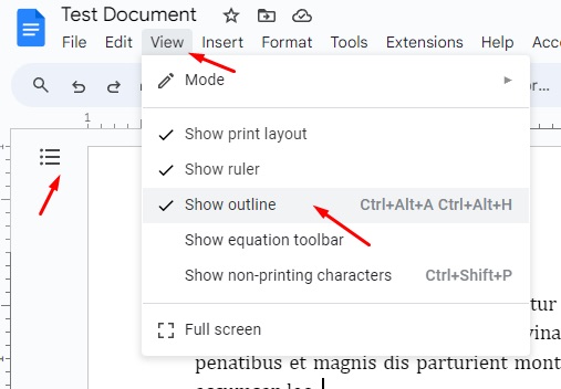 Show outline from View menu in Google Docs