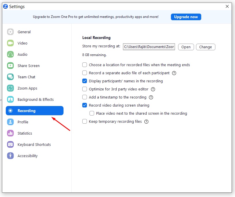 Recording settings in Zoom