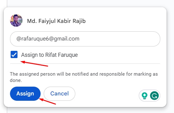 Click the Assign button to officially assign a task in Google Docs