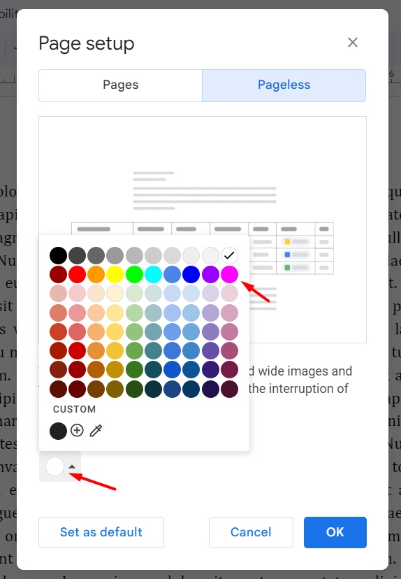 Select background color for Pageless setting in Google Docs
