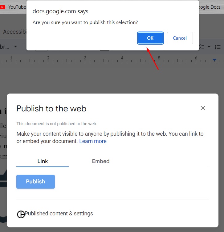 Confirm that you want to publish to web
