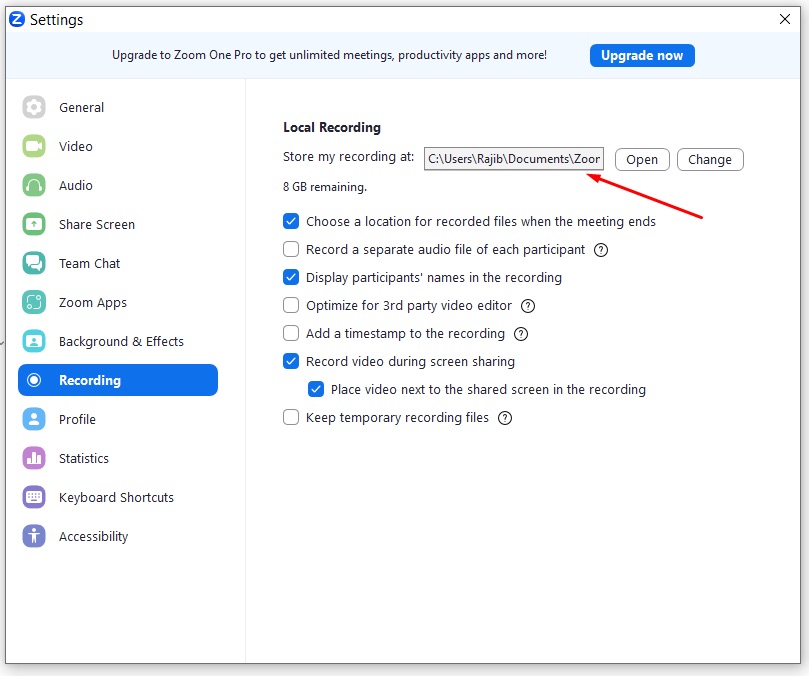 Recording location setting for Zoom