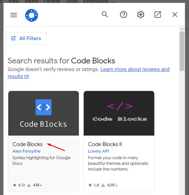 Search results for Code Blocks (select the option by Alex Forsythe)