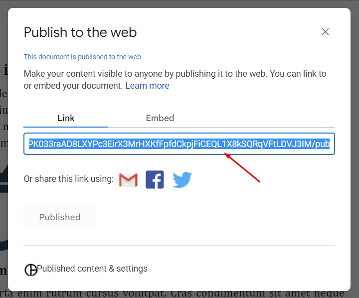 Publish to web URL in Google Docs