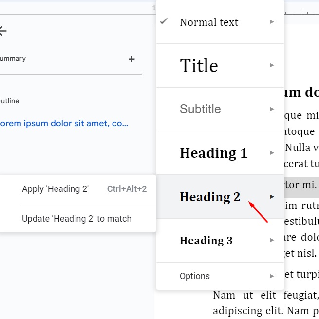 Apply Heading 2 in Google Docs