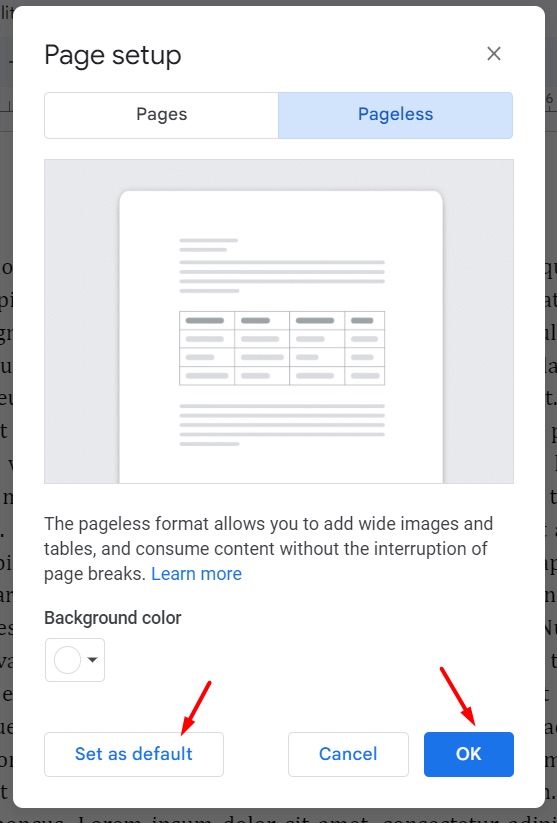 Default Pageless in Google Docs