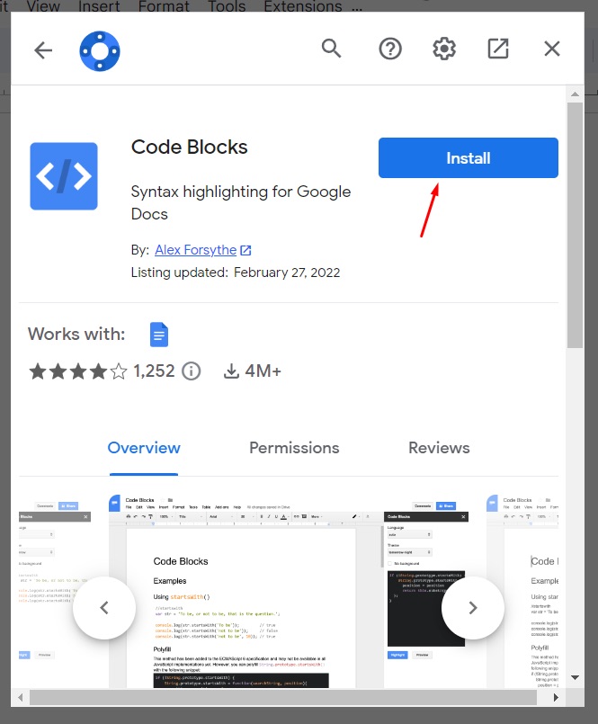 Install Code Blocks to Google Docs